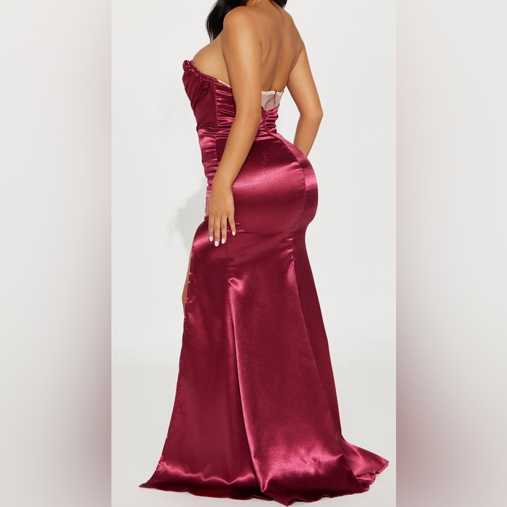 Burgundy Satin Strapless Gown – Corset Waist prom jewel tone - Picture 3 of 3